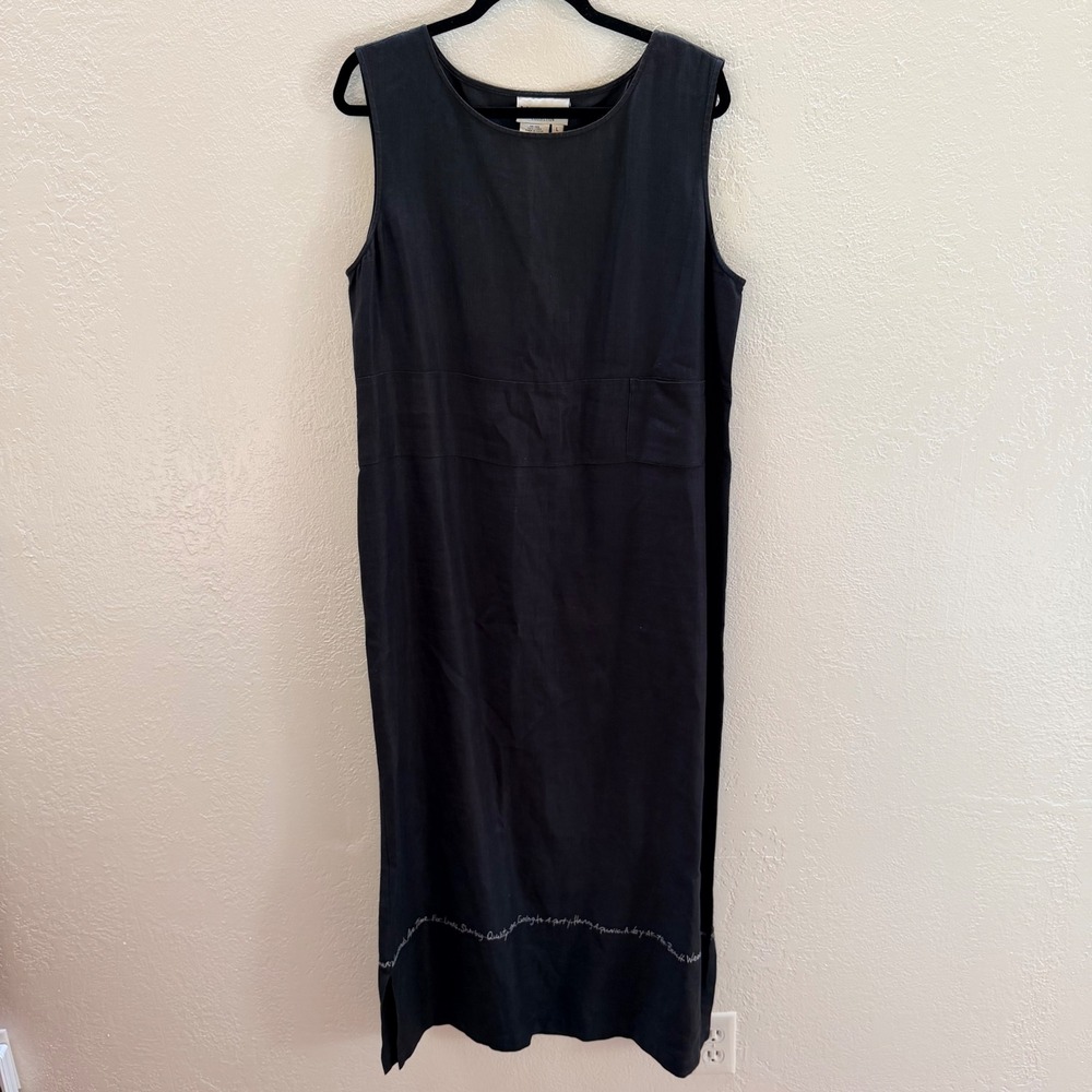 VTG David Dart Women's L Black 100% Linen Script Embroidered Sleeveless Dress